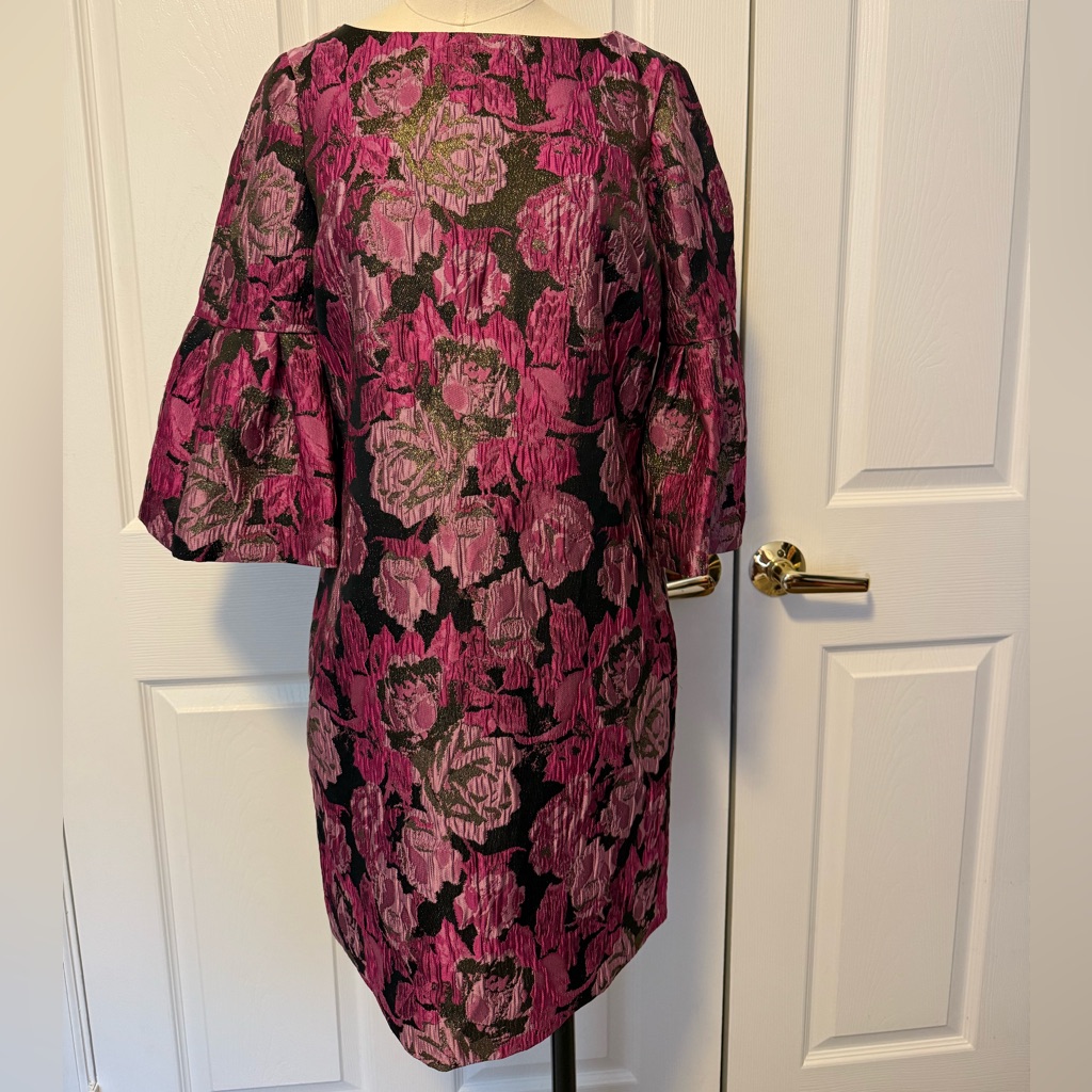 Belle Badgley Mischka Bell Sleeve Pink Black Floral Sharon Dress Size 2